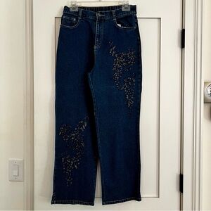 Quacker Factory Dark Blue Straight Leg Jeans with navy blue bead Embellishments